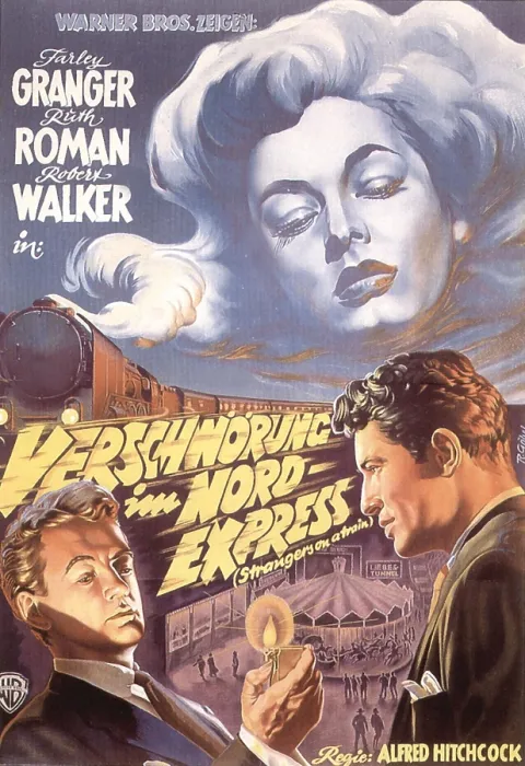 Framed Print : STRANGERS ON A TRAIN, (aka VERSCHWORUNG IM NORDEXPRESS), top: Ruth Roman, bottom l-r: Farley Granger, Robert Walker on German poster art, 1951 Framed Print : STRANGERS ON A TRAIN, (aka VERSCHWORUNG IM NORDEXPRESS), top: Ruth Roman, bottom l-r: Farley Granger, Robert Walker on German poster art, 1951