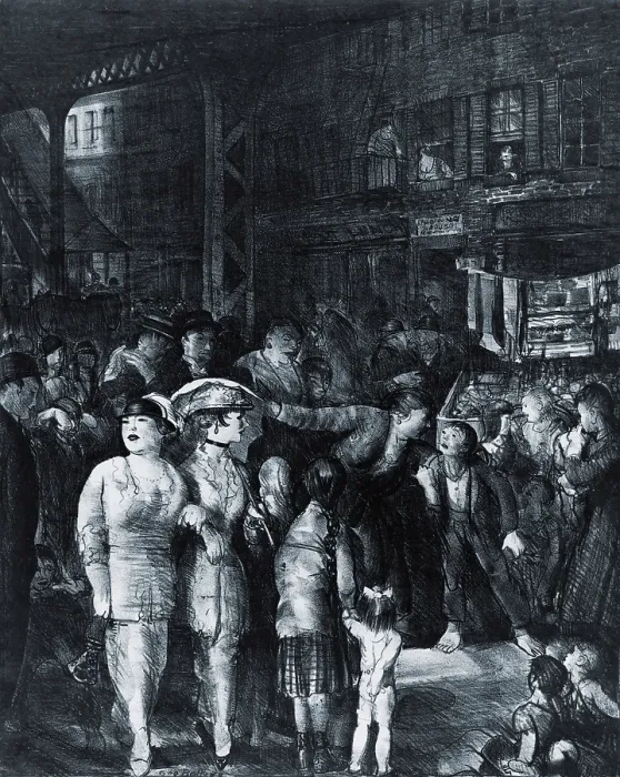 Framed Print : THE STREEET, 1917, a lithograph by realist American artist, George Bellows, who often depicted scenes from lower class urban life