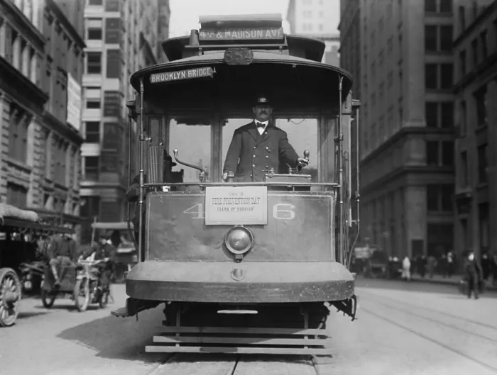 Framed Print : A street car runs with sign This is fire prevention day, clean up rubbish. New York City, Oct 9, 1914 (BSLOC_2018_2_172) Framed Print : A street car runs with sign This is fire prevention day, clean up rubbish. New York City, Oct 9, 1914 (BSLOC_2018_2_172)