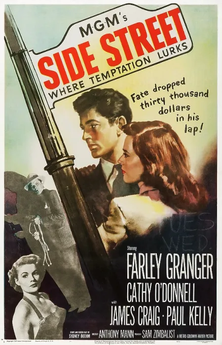 Framed Print : SIDE STREET, top from left: Farley Granger, Cathy O'Donnell on poster art, 1950 Framed Print : SIDE STREET, top from left: Farley Granger, Cathy O'Donnell on poster art, 1950