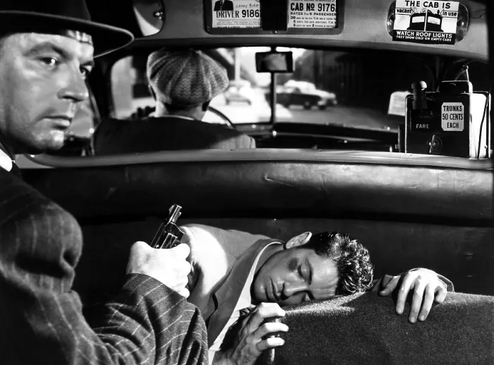 Framed Print : SIDE STREET, from left, James Craig, Harry Bellaver (driver), Farley Granger, 1950 Framed Print : SIDE STREET, from left, James Craig, Harry Bellaver (driver), Farley Granger, 1950