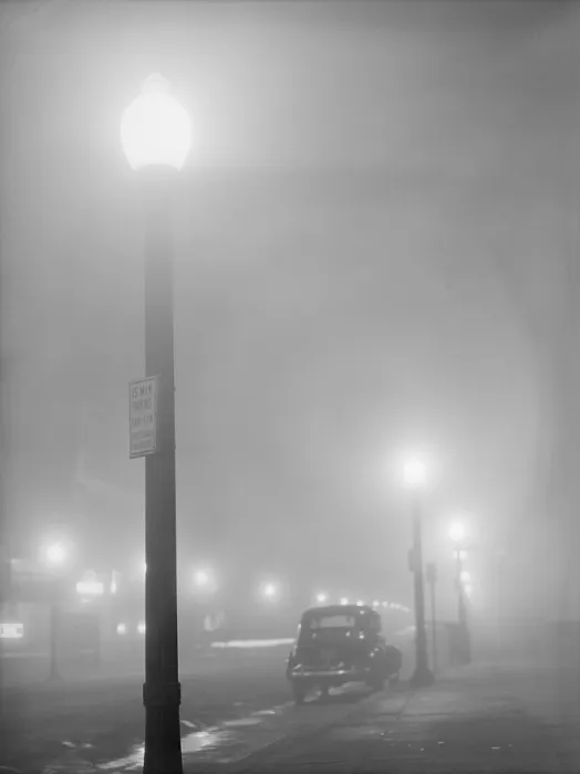 Framed Print : Street lights glow on a foggy night in New Bedford, Massachusetts, Jan. 1941 Framed Print : Street lights glow on a foggy night in New Bedford, Massachusetts, Jan. 1941