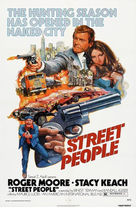 Framed Print : STREET PEOPLE, (aka GLI ESECUTON), US poster, Roger Moore (top left), Stacy Keach (bottom), 1976 Framed Print : STREET PEOPLE, (aka GLI ESECUTON), US poster, Roger Moore (top left), Stacy Keach (bottom), 1976