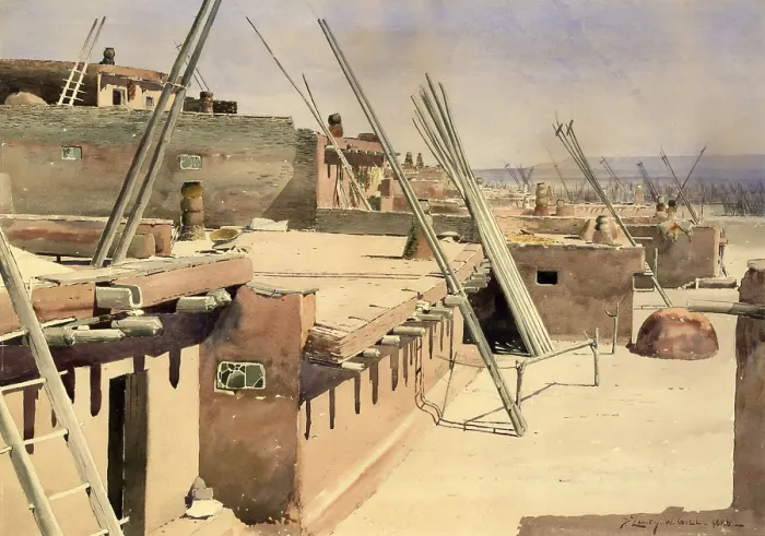 Framed Print : Street in the Pueblo of Zuni, New Mexico, 1888, by De Lancey Gill, 1859-1940, American painting, watercolor, pencil on paper