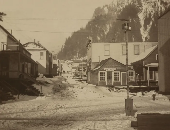 Framed Print : Street scene in Juneau, Alaska, in 1897 photo by F.D. Fujiwara. Goldminers founded Juneau 1880, when it was 160 acres of land covered by miners tents and shacks (BSLOC_2018_3_57)