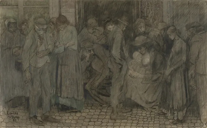 Framed Print : Street Scene in London, by Jan Toorop, 1888, Dutch drawing, pen, ink, wash, on paper. Group of downcast thin people standing on a sidewalk (BSLOC_2016_2_299)