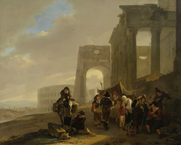 Framed Print : Street Scene Placed among Roman Ruins, by Jan Both, 1640-52, Dutch painting, oil on canvas. A group of figures has gathered at a stall serving wine near the ruins of Rome