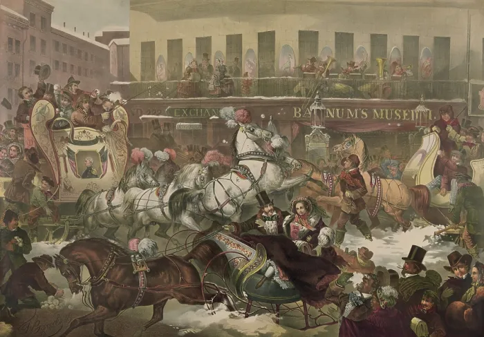 Framed Print : Street scene with many sleighs in front of BARNUM'S MUSEUM, Broadway & Anne St. NYC in 1855 Framed Print : Street scene with many sleighs in front of BARNUM'S MUSEUM, Broadway & Anne St. NYC in 1855