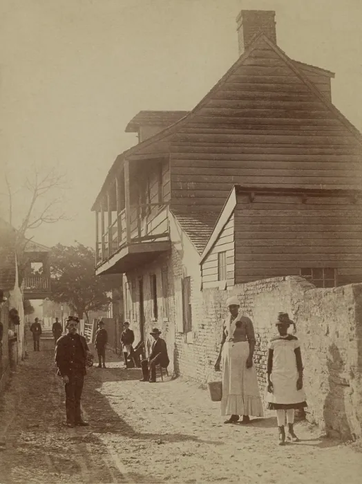 Framed Print : Street scene with a soldier, two African American women, and others in St. Augustine, Florida, 1886. Photo by George Barker (BSLOC_2017_20_125)