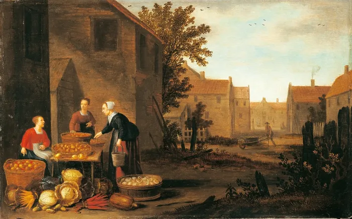 Framed Print : Street View with Woman Selling Fruit and Vegetables, by Floris Gerritsz van Schooten, ca