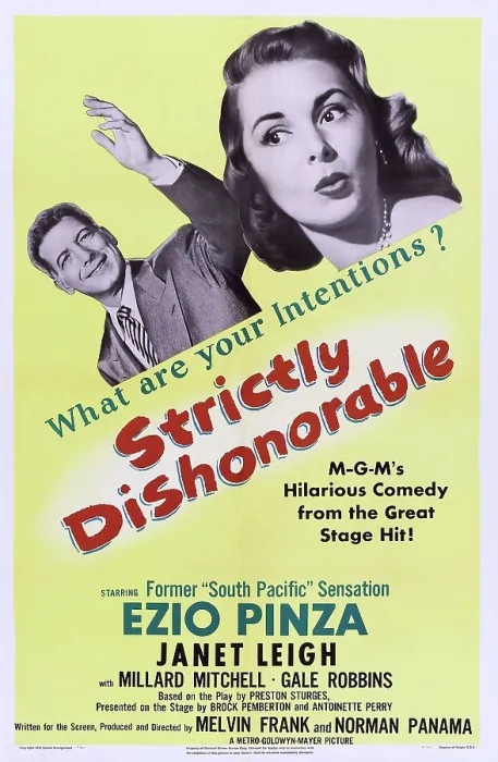 Framed Print : STRICTLY DISHONORABLE, US poster art, from left, Ezio Pinza, Janet Leigh, 1951
