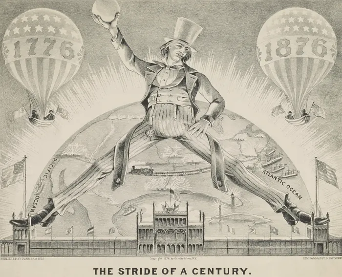 Framed Print : THE STRIDE OF A CENTURY, a cartoon celebrates the centennial of the United States, in 1876 Framed Print : THE STRIDE OF A CENTURY, a cartoon celebrates the centennial of the United States, in 1876