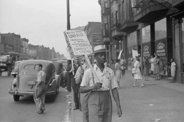 Framed Print : Striking workers picketing a reality company. Sign reads Mid City Reality Unfair-Underpays the Workers-Overcharges the Tenants-Support the Strike'. New York City ca