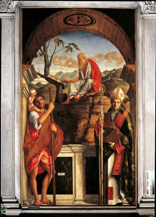 Framed Print : Sts Christopher, Jerome and Louis of Toulouse (San Giovanni Crisostomo Altarpiece), by Giovanni Bellini, 1513, 16th Century, panel, cm 308 x 178 - Italy, Veneto, Venice Framed Print : Sts Christopher, Jerome and Louis of Toulouse (San Giovanni Crisostomo Altarpiece), by Giovanni Bellini, 1513, 16th Century, panel, cm 308 x 178 - Italy, Veneto, Venice