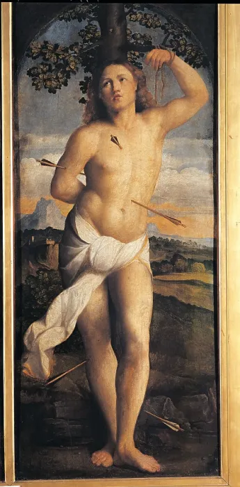 Framed Print : Sts Helen, Constantine, Roch, and Sebastian (Triptych), by Jacopo Negretti known as Palma the Elder, 1520 - 1528, 16th Century, oil on panel, cm 163 x 84 - Italy, Lombardy, Milan Framed Print : Sts Helen, Constantine, Roch, and Sebastian (Triptych), by Jacopo Negretti known as Palma the Elder, 1520 - 1528, 16th Century, oil on panel, cm 163 x 84 - Italy, Lombardy, Milan