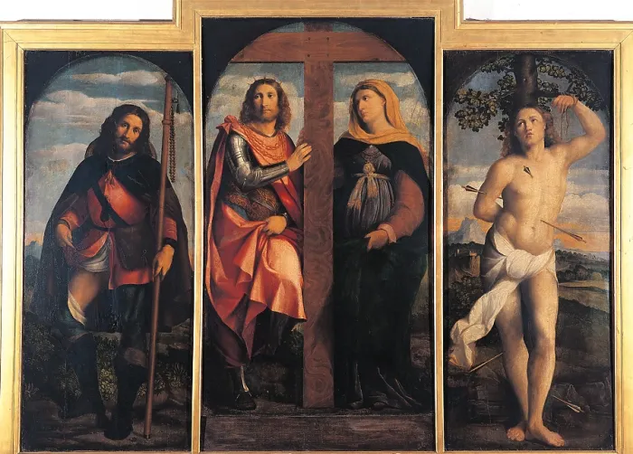 Framed Print : Sts Helen, Constantine, Roch, and Sebastian (Triptych), by Jacopo Negretti known as Palma the Elder, 1520 - 1528, 16th Century, oil on panel, cm 163 x 84 - Italy, Lombardy, Milan