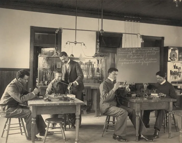Framed Print : Students constructing telephones at Hampton Institute. African American higher education stressed practical skills and services, to counter employment discrimination for blacks