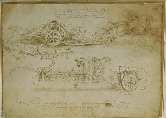 Framed Print : Studies of assault wagons fitted with scythes, by Leonardo da Vinci, 15th Century, 1482 -1485 about, watercolor pen and brown ink with traces of metal tip, mm 210 x 292 - Italy Framed Print : Studies of assault wagons fitted with scythes, by Leonardo da Vinci, 15th Century, 1482 -1485 about, watercolor pen and brown ink with traces of metal tip, mm 210 x 292 - Italy