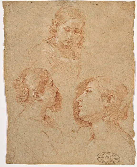 Framed Print : Three Studies of Female Heads, by Cantarini Simone known as il Pesarese, 17th Century, 1600 -1650 about, red and white chalk on paper ocher, mm 244 x 112 - Italy, Veneto, Venice Framed Print : Three Studies of Female Heads, by Cantarini Simone known as il Pesarese, 17th Century, 1600 -1650 about, red and white chalk on paper ocher, mm 244 x 112 - Italy, Veneto, Venice