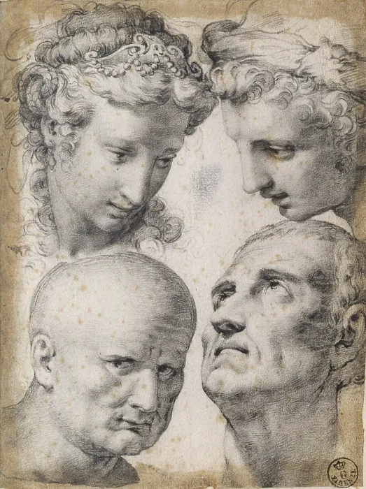 Framed Print : Four studies of the head, by Francesco Morandini said Poppi, 1571, 16th century, black pencil on white paper. - Italy, Tuscany, Florence, Uffizi Prints and Drawings Department Framed Print : Four studies of the head, by Francesco Morandini said Poppi, 1571, 16th century, black pencil on white paper. - Italy, Tuscany, Florence, Uffizi Prints and Drawings Department