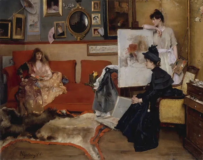 Framed Print : IN THE STUDIO, by Alfred Stevens, 1888, Belgian painting, oil on canvas. Three women in an elegant Parisian artists studio: model, artist, and a visitor