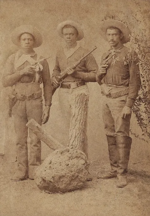 Framed Print : Studio group portrait of three African American cavalry soldiers, standing, with their weapons, ca. 1880. The central Buffalo Soldier holds a Sharps carbine Framed Print : Studio group portrait of three African American cavalry soldiers, standing, with their weapons, ca. 1880. The central Buffalo Soldier holds a Sharps carbine