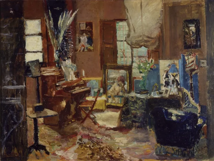 Framed Print : Studio Interior (Interno di studio), by Ulvi Liegi (Luigi Levi), 1885, 19th Century, oil on canvas - Private collection. Whole artwork view Framed Print : Studio Interior (Interno di studio), by Ulvi Liegi (Luigi Levi), 1885, 19th Century, oil on canvas - Private collection. Whole artwork view