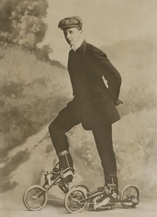 Framed Print : Studio portrait of a young man on Edvard Petrinis pedaled roller skates, known as Takypod in Sweden, c. 1910