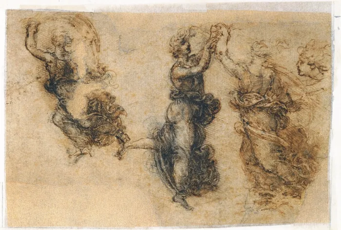 Framed Print : Study of dancing figures, by Leonardo da Vinci, 16th Century, 1515 -1515 about, pen and brush on a thin black traces in pencil, brown ink, cm 98 x 149 - Italy, Veneto, Venice