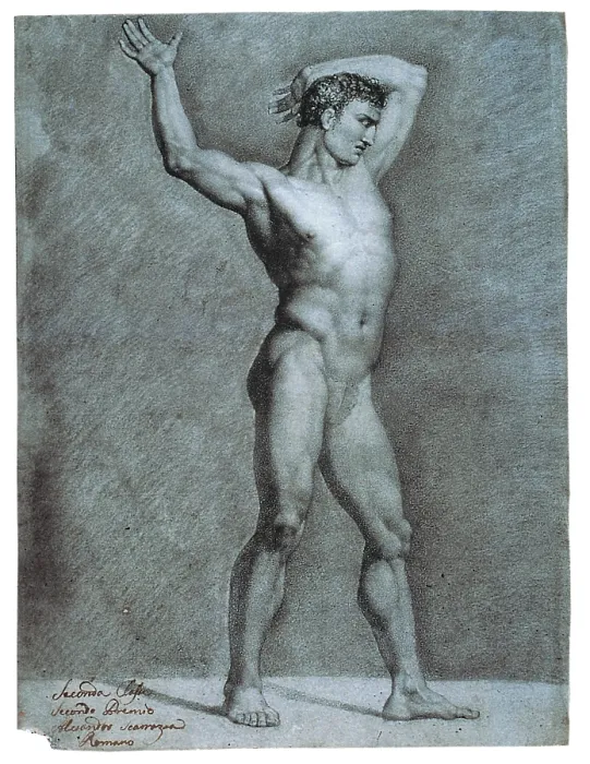 Framed Print : Study for a Male Nude, by Alessandro Scarrozza, 1806, 19th Century, black pencil and chalk - Italy, Lazio, Rome, Gallery of the National Accademy in Saint Luca