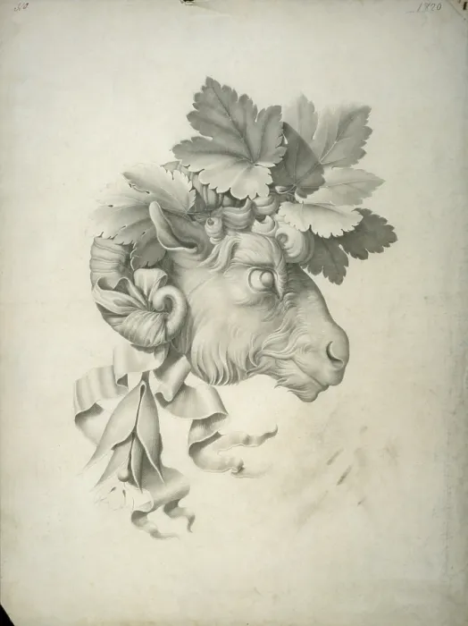 Framed Print : Study for the Print of a Ram Head Adorned with Vine Leaves, by Luigi Bramati, 1820, 19th Century, watercolourl on paper - Italy, Lombardy, Milan, Brera Fine Arts Academy