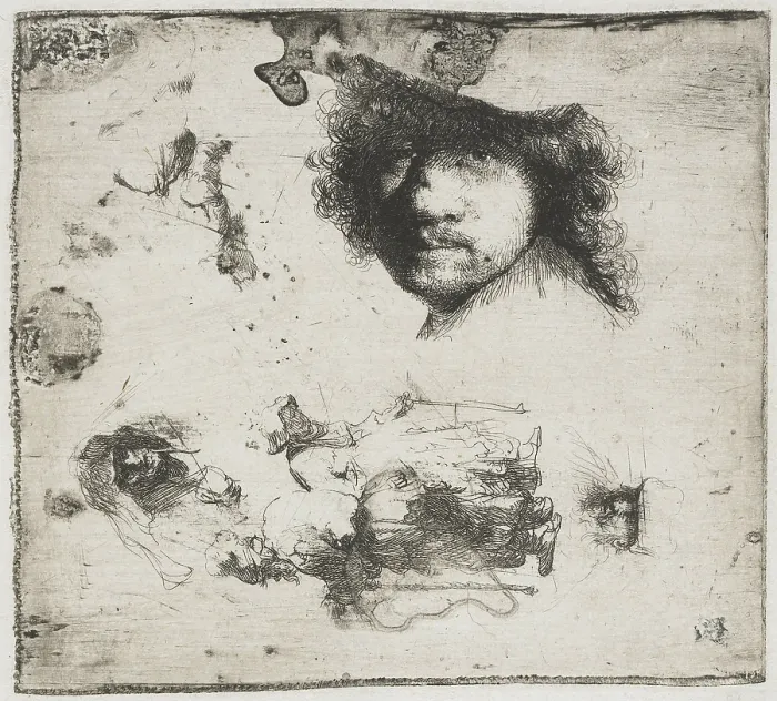 Framed Print : Study Sheet: Self-portrait, a Few Beggars, Head of Old Man and a Woman, by Rembrandt van Rijn, 1630-34, Dutch print, etching on paper (BSLOC_2016_3_26)