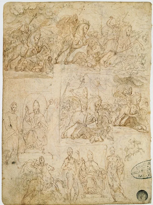 Framed Print : Study for St Ambrose on Horseback Chasing the Arians St Ambrose between two Saints, by Figino Giovanni Ambrogio, 16th Century -17th Century, 1550 -1608, red chalk, brown ink