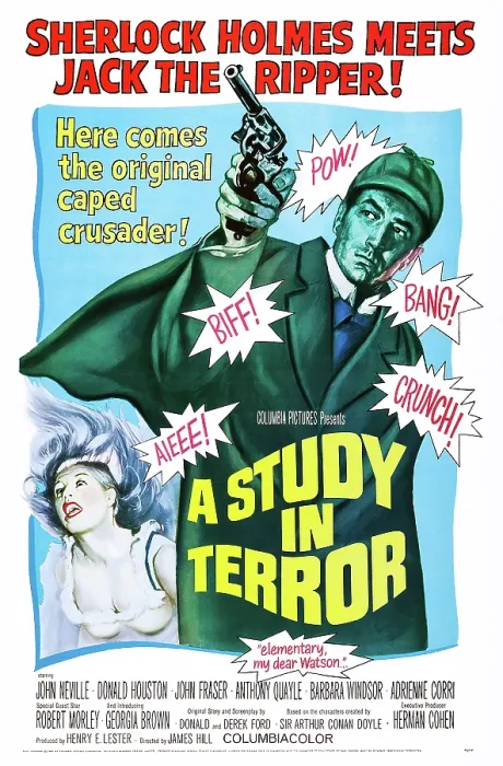 Framed Print : A STUDY IN TERROR, (aka SHERLOCK HOLMES IN A STUDY IN TERROR, aka FOG), top: John Neville on poster art, 1965 Framed Print : A STUDY IN TERROR, (aka SHERLOCK HOLMES IN A STUDY IN TERROR, aka FOG), top: John Neville on poster art, 1965