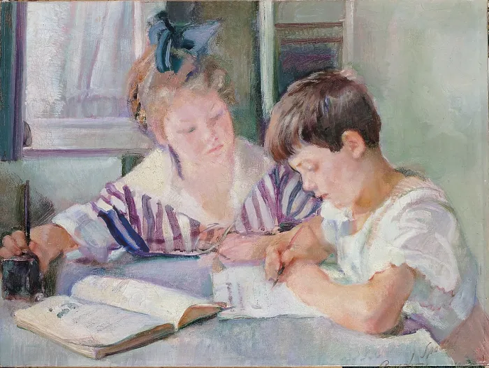 Framed Print : Studying Children, by Armando Spadini, about, 20th Century, - Italy, Lazio, Rome, Palazzo Koch, Banca dItalia collection. All