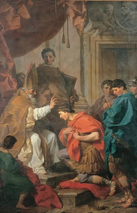 Framed Print : Subleyras Pierre, St Ambrose Converts Theodosius, 18th Century, oil on canvas, Italy, Umbria, Perugia, National Gallery of Umbria