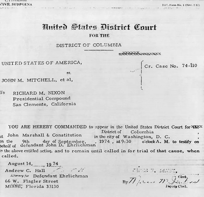 Framed Print : Subpoena for President Nixon to appear as a witness in court to testify on behalf of defendant John D. Ehrlichman. August 14, 1974. (CSU_ALPHA_639) CSU Archives / Everett Collection Framed Print : Subpoena for President Nixon to appear as a witness in court to testify on behalf of defendant John D. Ehrlichman. August 14, 1974. (CSU_ALPHA_639) CSU Archives / Everett Collection