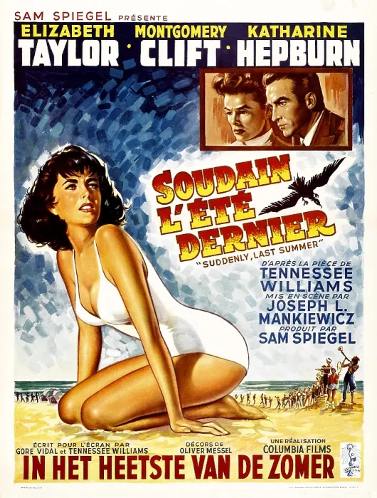 Framed Print : SUDDENLY LAST SUMMER, (aka SOUDAIN L'ETE DERNIER), Elizabeth Taylor (left); top right: Katharine Hepburn, Montgomery Clift, Belgian poster, 1959