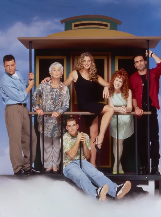 Framed Print : SUDDENLY SUSAN, from left: Judd Nelson, Barbara Barrie, David Strickland, Brooke Shields, Kathy Griffin, Nestor Carbonell, 1996-2000