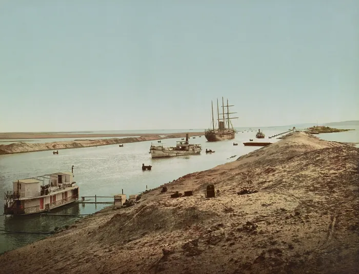 Framed Print : Suez Canal at the entrance to the Great Bitter Lake and Little Bitter Lake, c. 1900. The salt water lakes moderated the effect of the tides on the sea level canal (BSLOC_2018_4_7) Framed Print : Suez Canal at the entrance to the Great Bitter Lake and Little Bitter Lake, c. 1900. The salt water lakes moderated the effect of the tides on the sea level canal (BSLOC_2018_4_7)