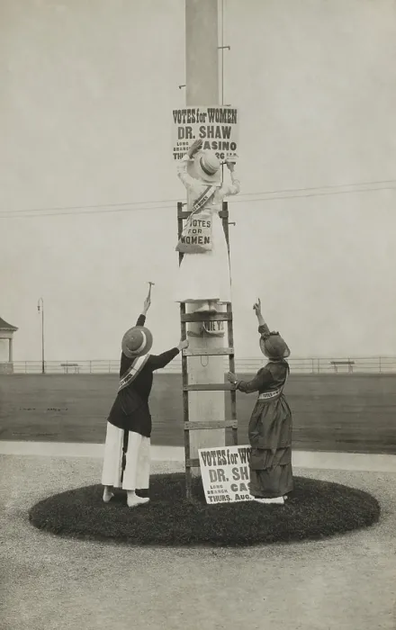 Framed Print : Suffrage campaign days in New Jersey, c. 1915. Three women post a sign advertising a suffrage event featuring Anna Howard Shaw, at Long Branch Casino Framed Print : Suffrage campaign days in New Jersey, c. 1915. Three women post a sign advertising a suffrage event featuring Anna Howard Shaw, at Long Branch Casino