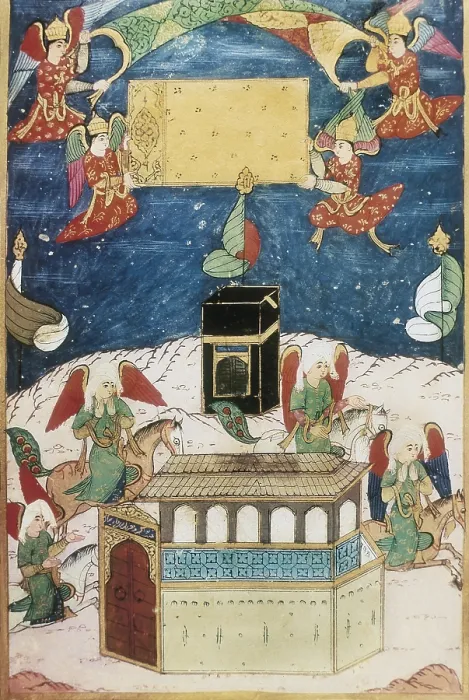 Framed Print : SUFTI ABDULLAH (16th century). Angels decorating the Kaaba. 1594. Ottoman art. Miniature Painting. TURKEY. Istanbul. Library of Ahmed III (Topkapi Palace). - J