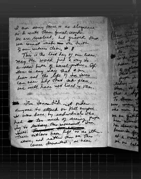 Framed Print : Suicide note, Written and signed by Annie Moore. Page 3. Moore was a register nurse and one of the leaders of the Peoples Temple in Jonestown, Guyana. Nov. 18, 1978 Framed Print : Suicide note, Written and signed by Annie Moore. Page 3. Moore was a register nurse and one of the leaders of the Peoples Temple in Jonestown, Guyana. Nov. 18, 1978