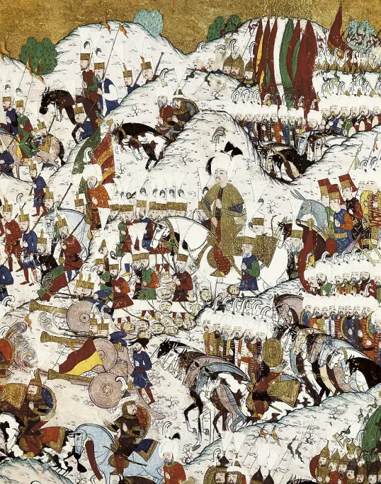 Framed Print : Suleyman the Magnificent at the Battle of Mohacs. 16th c. Battle held on the 29th August 1526. Ottoman art. Miniature Painting. TURKEY. Istanbul