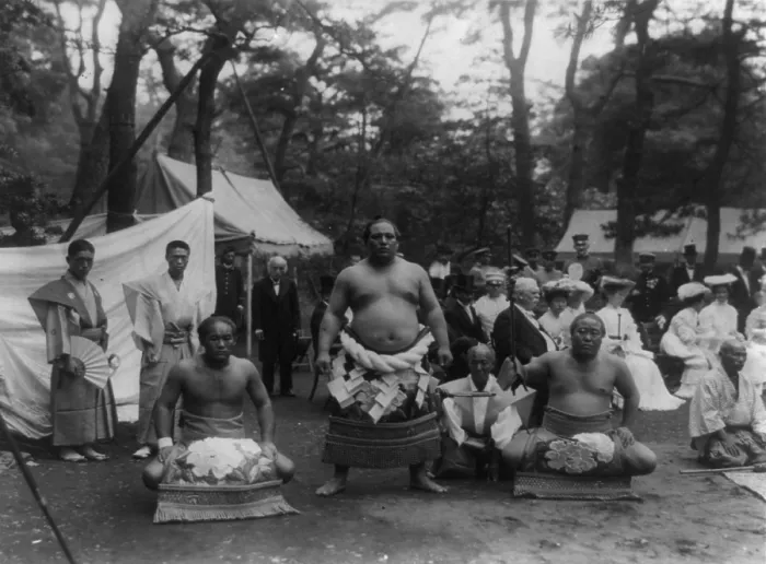 Framed Print : Three sumo wrestlers posed outdoors with spectators in background, probably in Japan, original title: Champion Japanese wrestlers, photograph circa 1905 Framed Print : Three sumo wrestlers posed outdoors with spectators in background, probably in Japan, original title: Champion Japanese wrestlers, photograph circa 1905