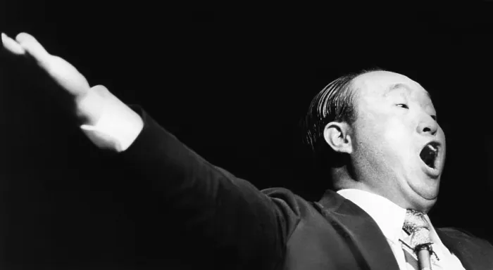Framed Print : Sun Myung Moon, 55-year-old Korean Evangelist, speaks at Madison Square Garden. New York City, Sept. 18, 1974