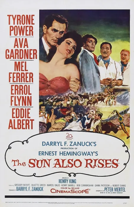 Framed Print : THE SUN ALSO RISES, from left: Tyrone Power, Ava Gardner, Mel Ferrer, Errol Flynn, Eddie Albert on poster art, 1957, TM and Copyright 20th Century Fox Film Corp