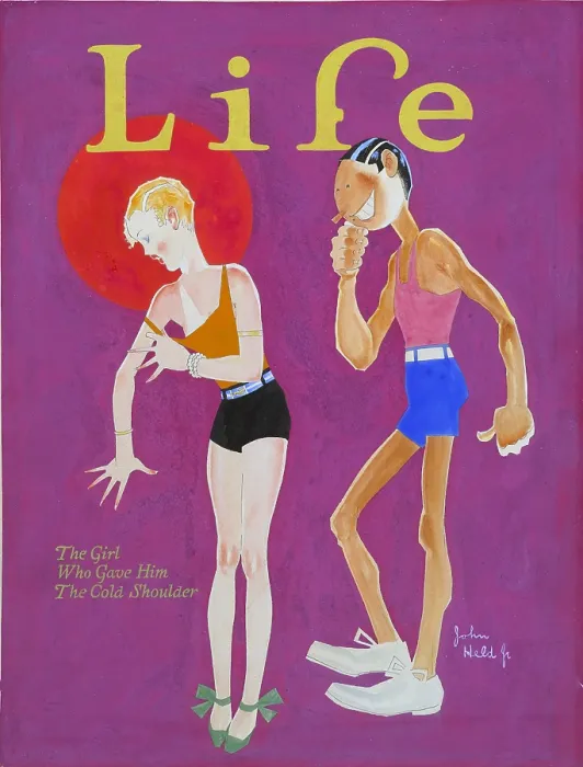 Framed Print : Sunburned woman pulling down shoulder strap of her beach blouse as man smiles. John Held Jr. illustration of the changing relations between the sexes in the roaring 1920's