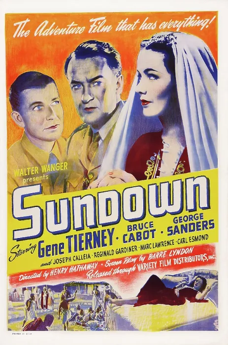 Framed Print : SUNDOWN, US poster art, from left: Bruce Cabot, George Sanders, Gene Tierney, 1941