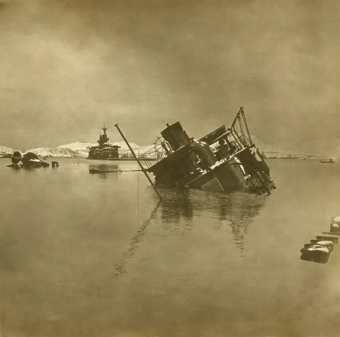Framed Print : Sunken Russian warships, in Port Arthur Harbor, during the Russo Japanese War, Dec. 1904. Japanese 11-inch howitzer siege guns destroyed the blockaded ships. (BSLOC_2017_18_106)